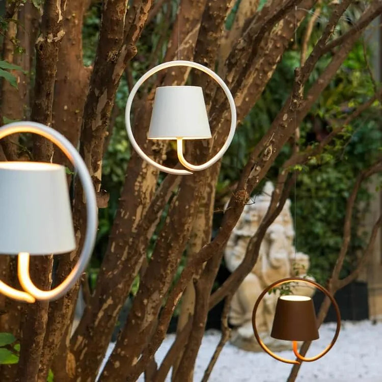 Stylish LED hanging lamp for indoor home decor, dimmable ambient light, wireless and portable.