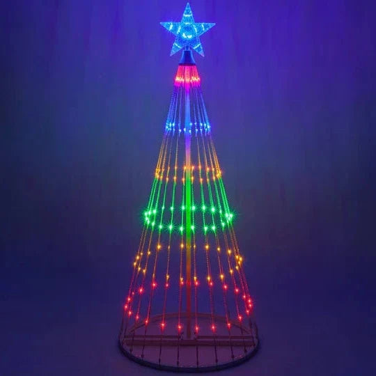Multicolor LED animated outdoor Christmas tree lightshow with festive patterns, perfect for garden holiday decor.
