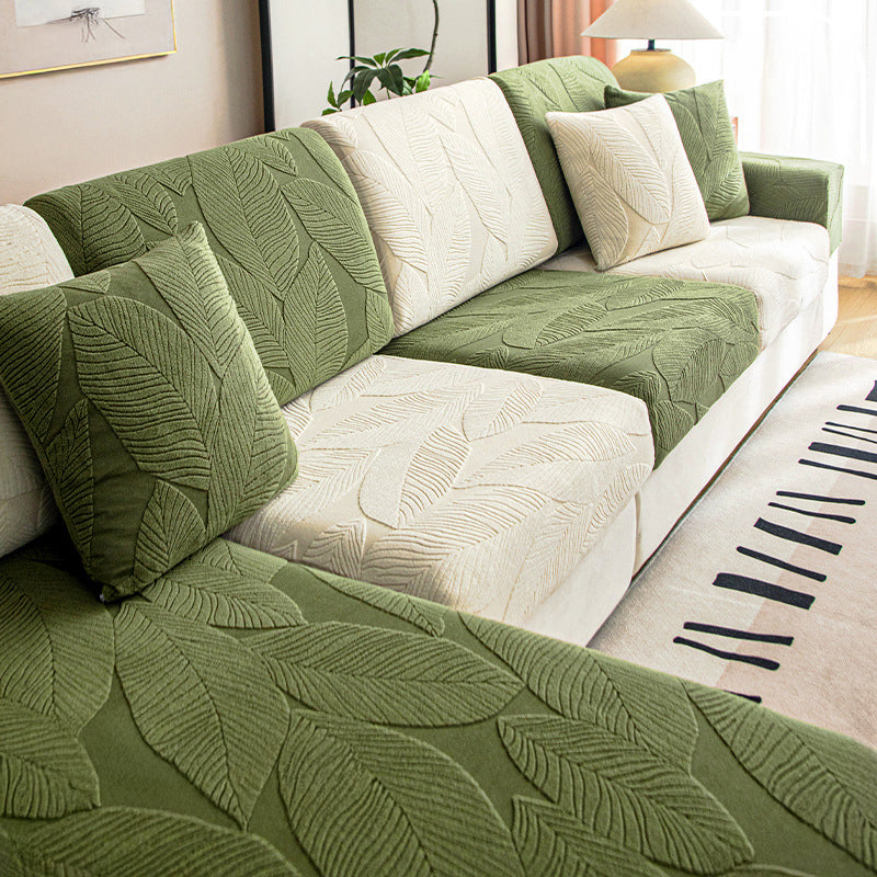 Jacquard leaf print waterproof sofa cover, pet & stain resistant stretch slipcover for furniture protection.