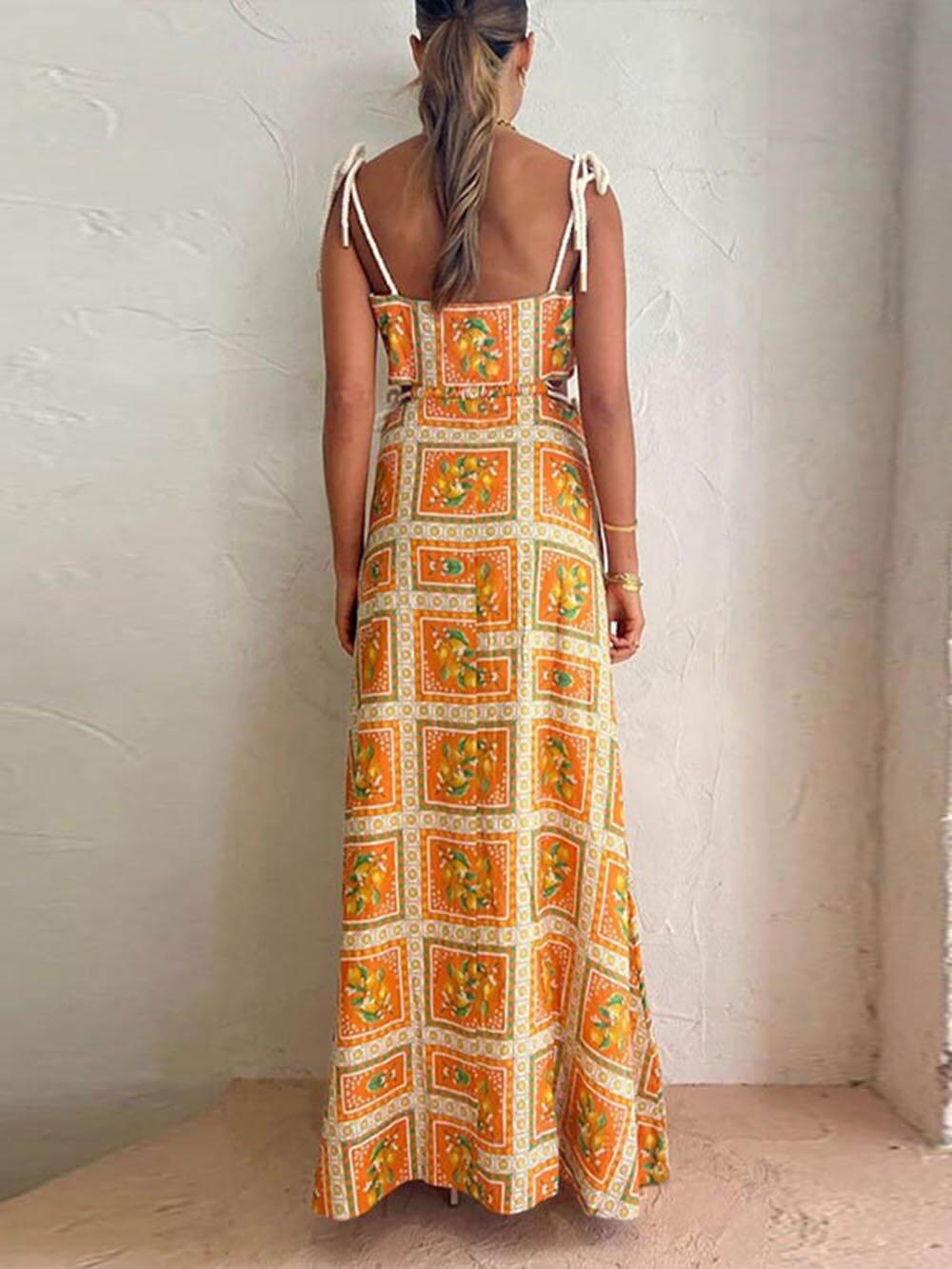 Boho women's orange maxi sundress with square neck, ideal casual or vacation dress for summer.