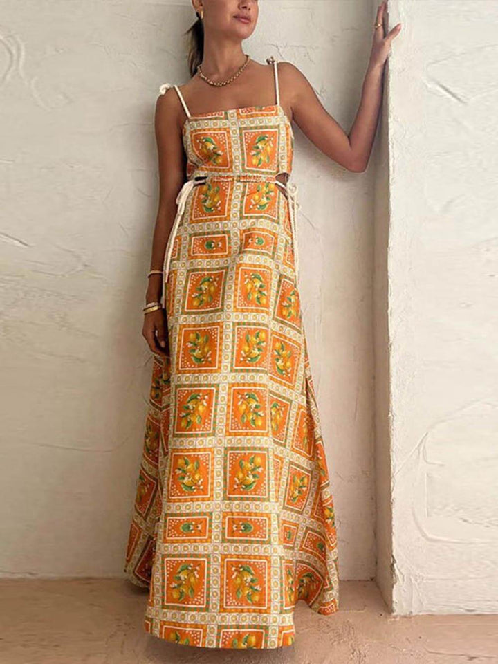 Orange women's boho maxi sundress with square neck, perfect for summer vacation or casual wear.