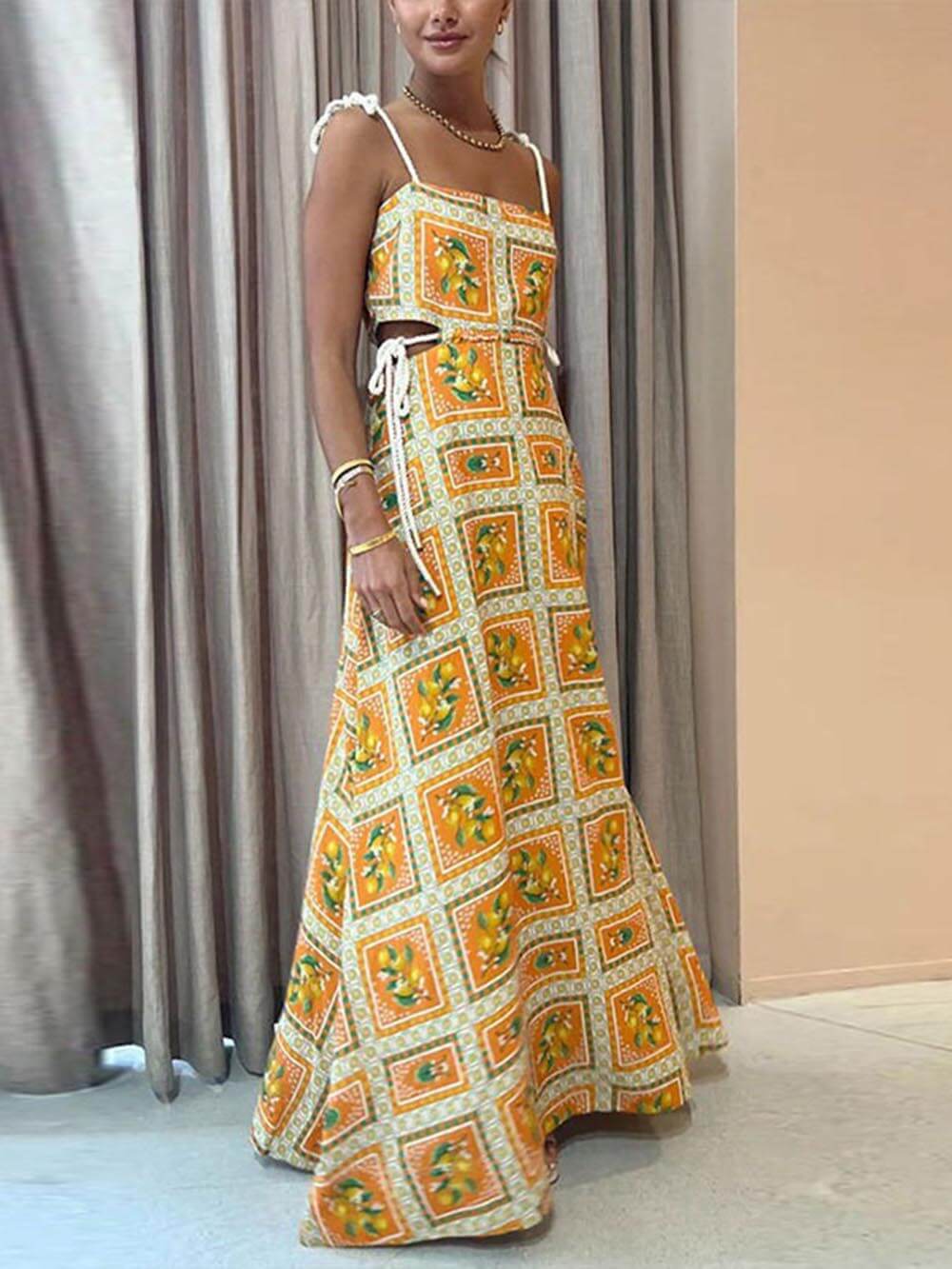 Elegant women's flowing maxi sundress with a stylish square neck, tailored for comfortable summer fashion.
