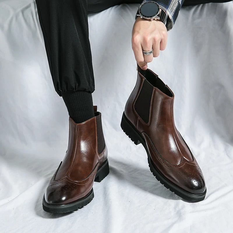 Versatile men's chelsea boots, brogue pattern makes them suitable for both office and casual outings.