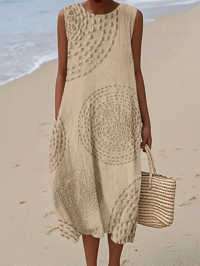 Stylish women's embroidered midi dress, sleeveless and graceful, featuring a feminine A-line design for any occasion.