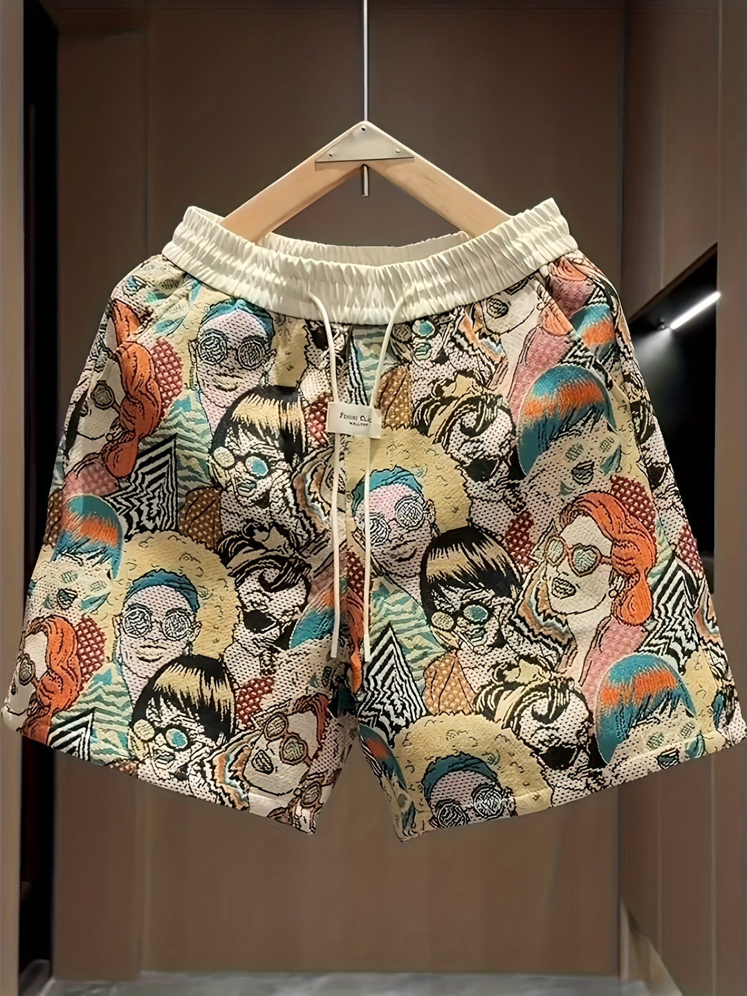 Unisex retro pop art print lounge shorts, vibrant and comfortable for casual wear or summer style. Adjustable waist.