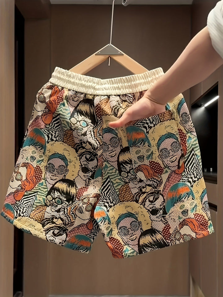 Vibrant pop art graphic print unisex shorts, perfect for retro streetwear and comfortable lounge wear. Unique design.