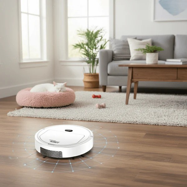 Tavvitaimp18 smart robot vacuum with HEPA filter, ensuring quiet, thorough dust & pet hair cleaning on hard floors.