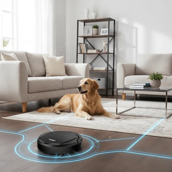 Tavvitaimp18 smart robot cleaner with HEPA filter, effectively removing pet hair and dust from hard floors.