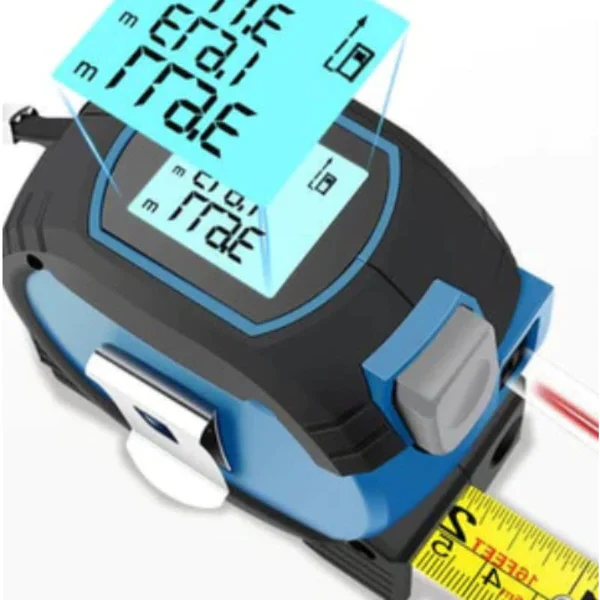 Blue & yellow professional 3-in-1 laser tape measure for construction, DIY, and home improvement.