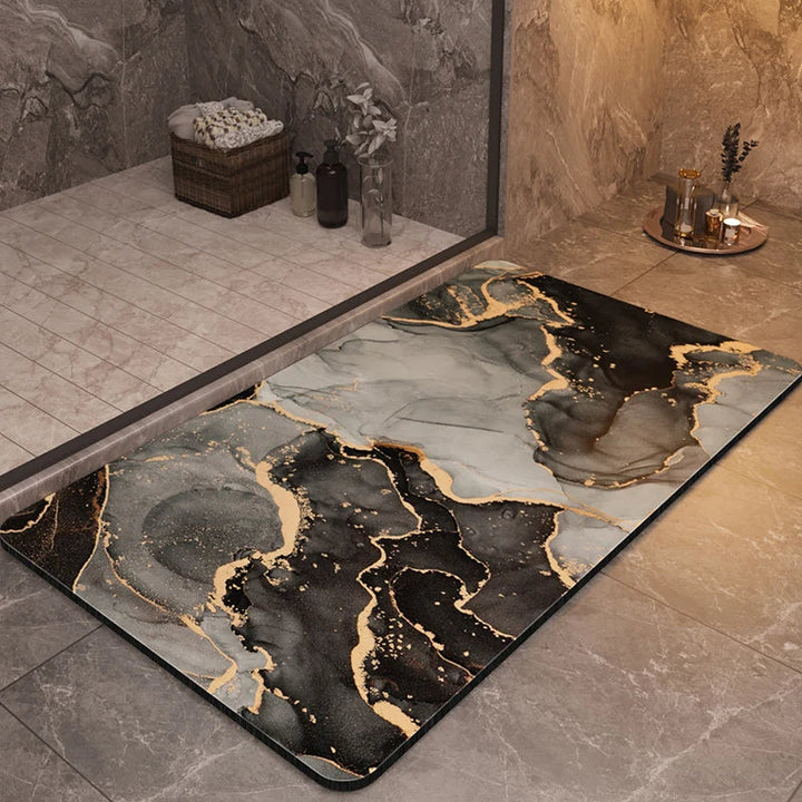 Absorbent marble bath mat for a luxury home spa experience. Non-slip, quick-dry, and stylish bathroom essential.