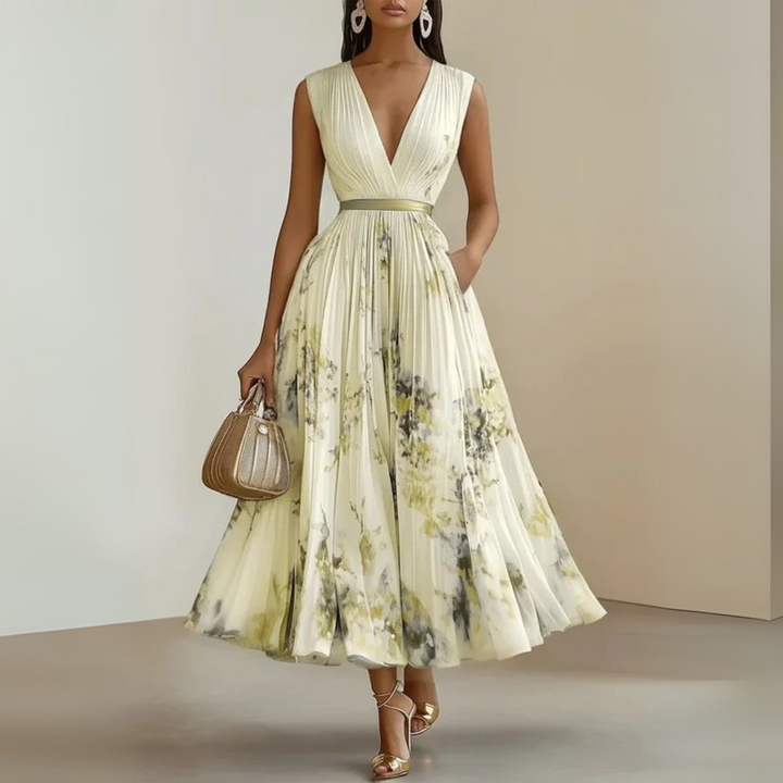 New arrival: women's elegant pleated V-neck maxi dress with cinched waist and pockets, perfect for special occasions.