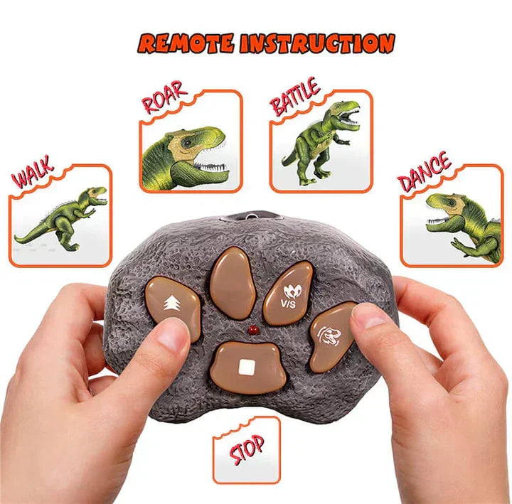 A kid's hand holding the remote control, guiding the interactive walking T-Rex dinosaur toy.