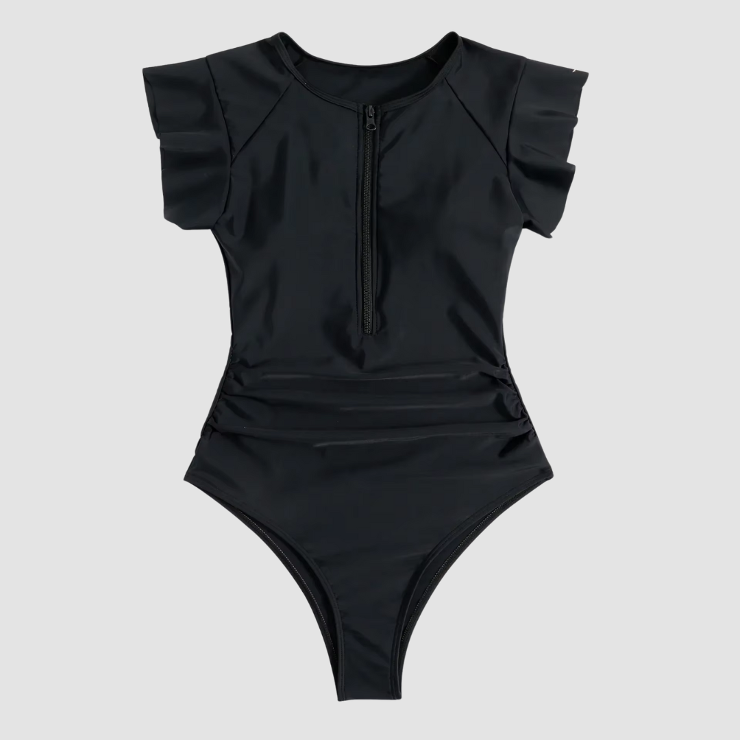 Women's Zipper One-Piece Swimsuit, trendy camouflage print beachwear for summer fashion.