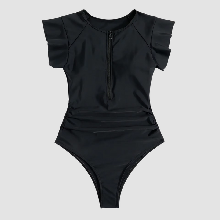 Women's Zipper One-Piece Swimsuit, trendy camouflage print beachwear for summer fashion.
