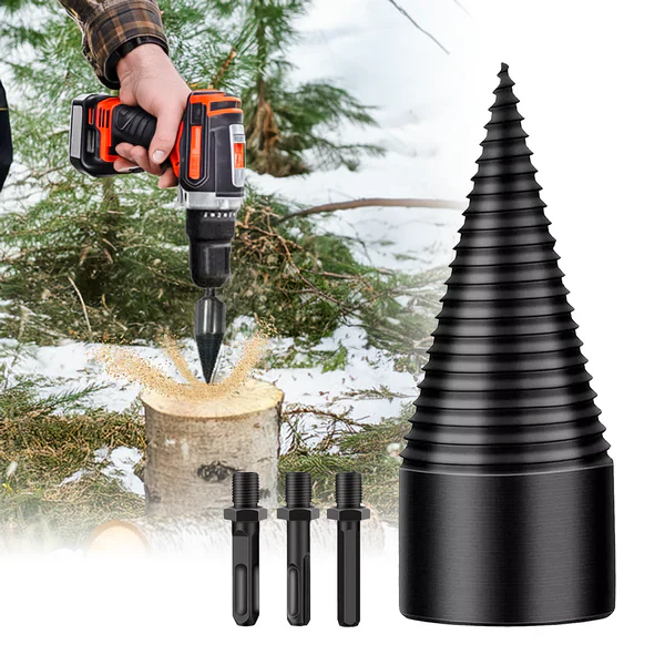 Heavy-duty carbon steel firewood splitter drill bit for quick log splitting. Attaches to power drills.