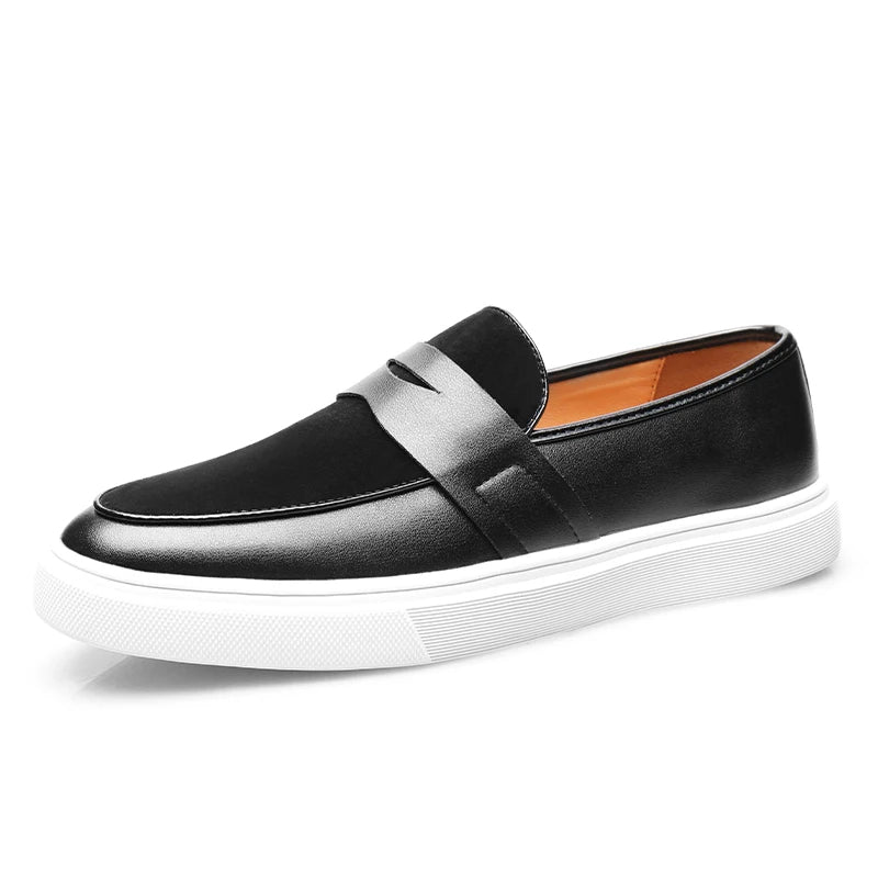 Model showcasing Men's Kensington slip-on loafers. Comfortable mens footwear for a sophisticated style.