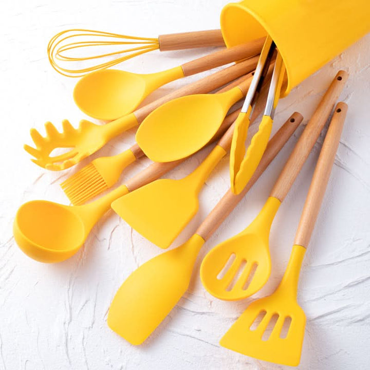 Sleek 12-piece silicone kitchen set, heat resistant, non-stick safe, and dishwasher safe for effortless use.