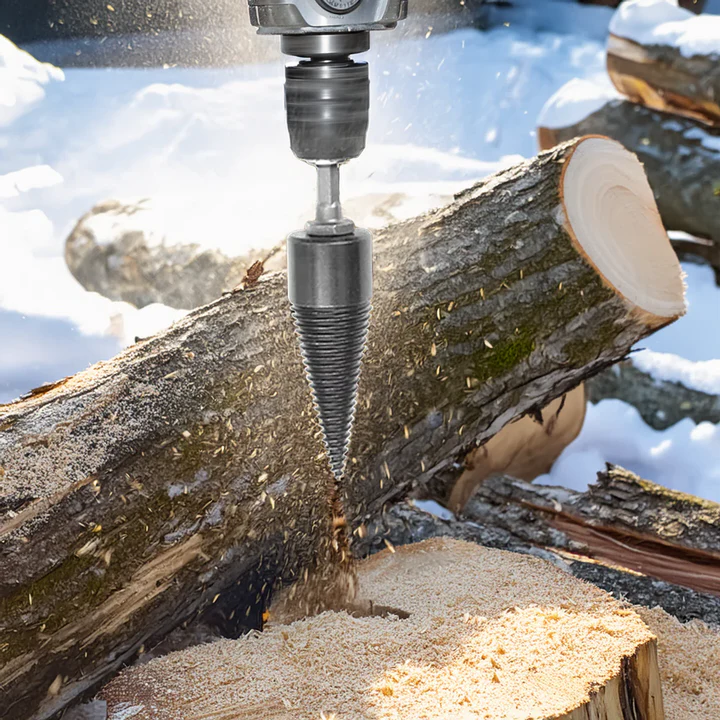 Universal log splitter drill bit. Heavy-duty wood splitting tool for quick firewood prep with a power drill.