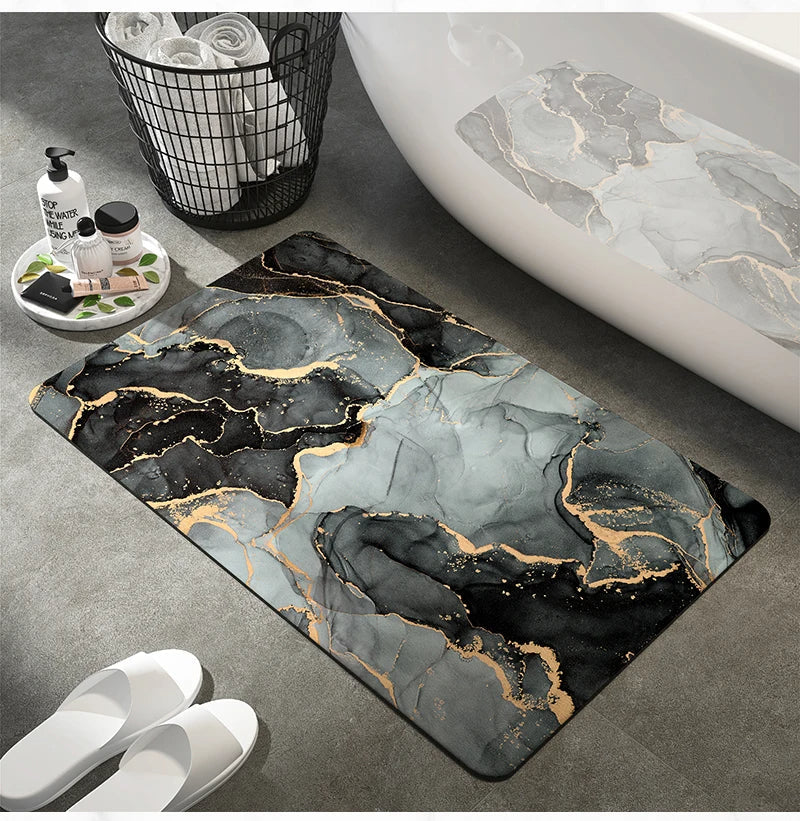 Hygienic quick-dry bath mat in a sophisticated marble design, offering luxury, absorbency, and non-slip safety.