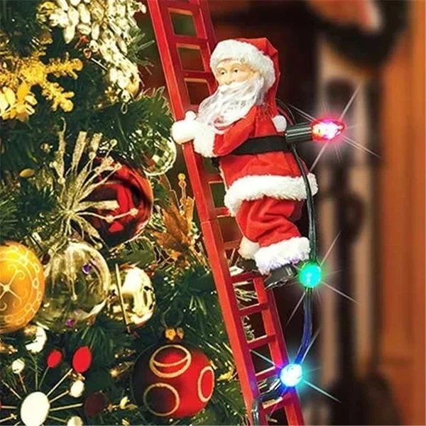Animated Climbing Santa Christmas decoration scaling a ladder, bringing festive cheer to indoor holiday decor.