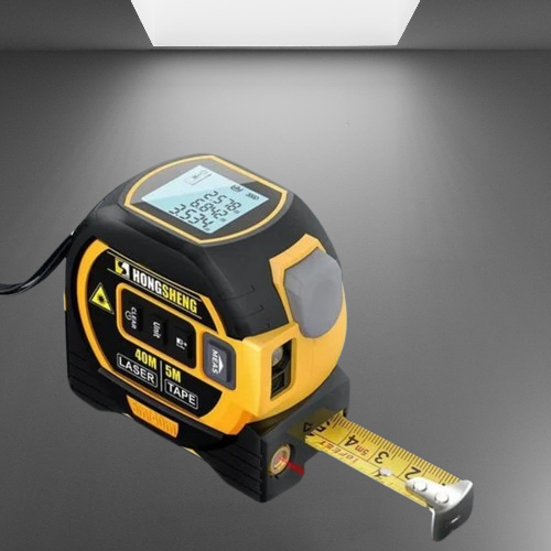 Compact blue & yellow 3-in-1 laser tape measure, ideal digital measuring device for DIY and construction.