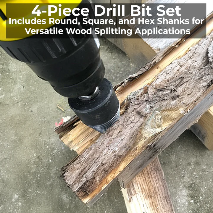 Durable carbon steel drill bit designed for heavy-duty firewood splitting. A quick log splitter power tool accessory.