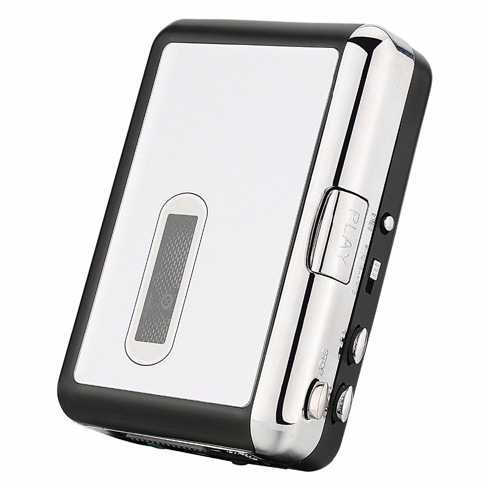 Front view of portable cassette to MP3 converter, showing tape deck and control buttons for easy audio transfer.