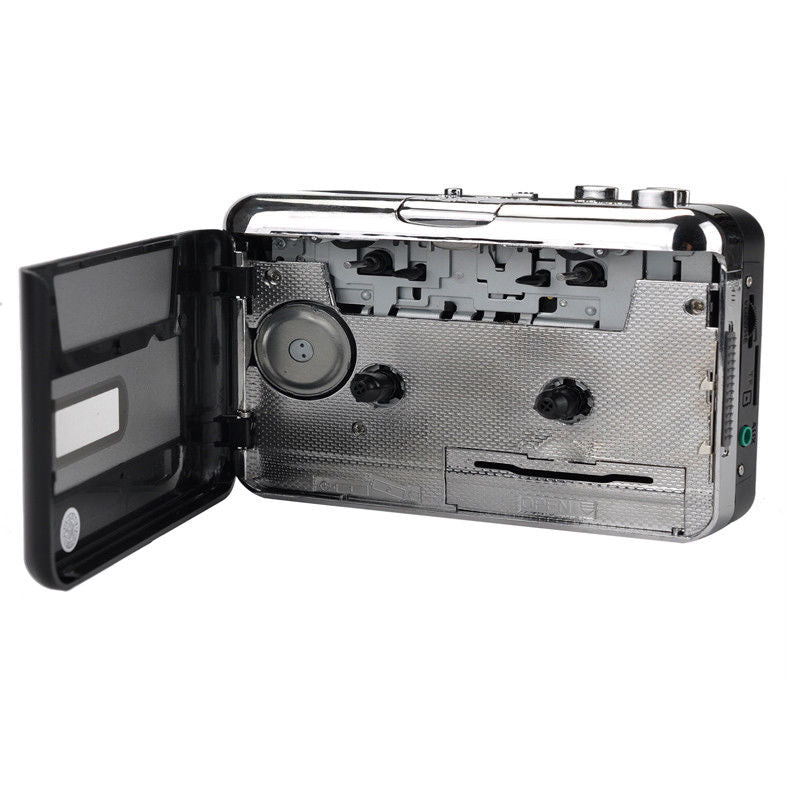 Portable USB cassette converter, digitizing classic tape audio to MP3 for digital archives and modern playback.