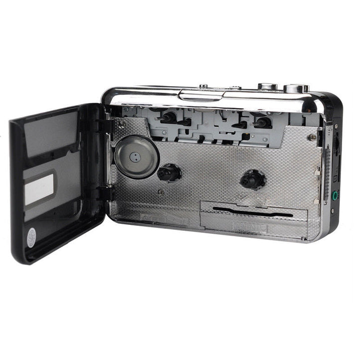 Portable USB cassette converter, digitizing classic tape audio to MP3 for digital archives and modern playback.