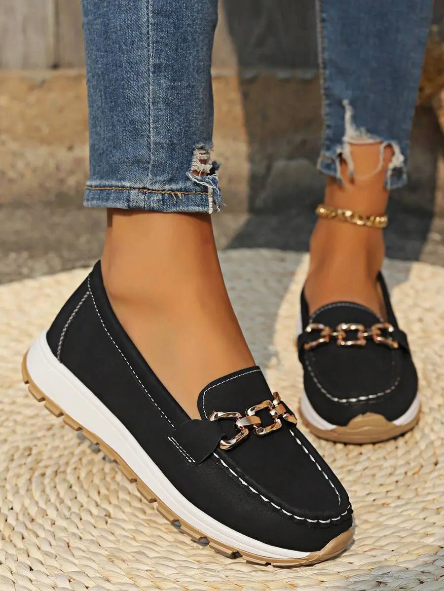 Interior view of soft insole in women's comfortable orthopedic loafers with arch support.