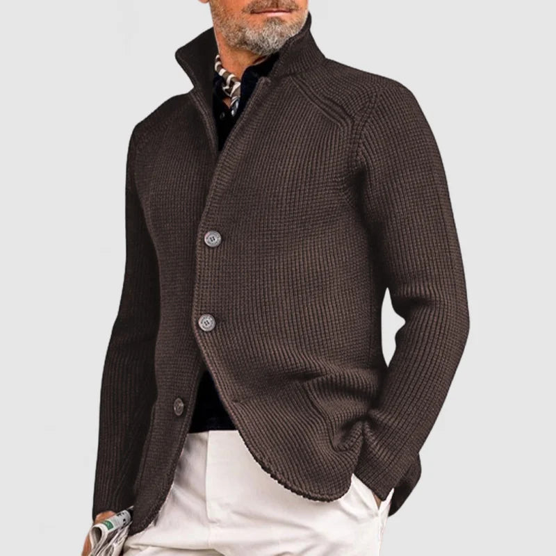 Stylish men's knit cardigan for layering. Soft rib knit fabric ensures warmth and casual comfort.