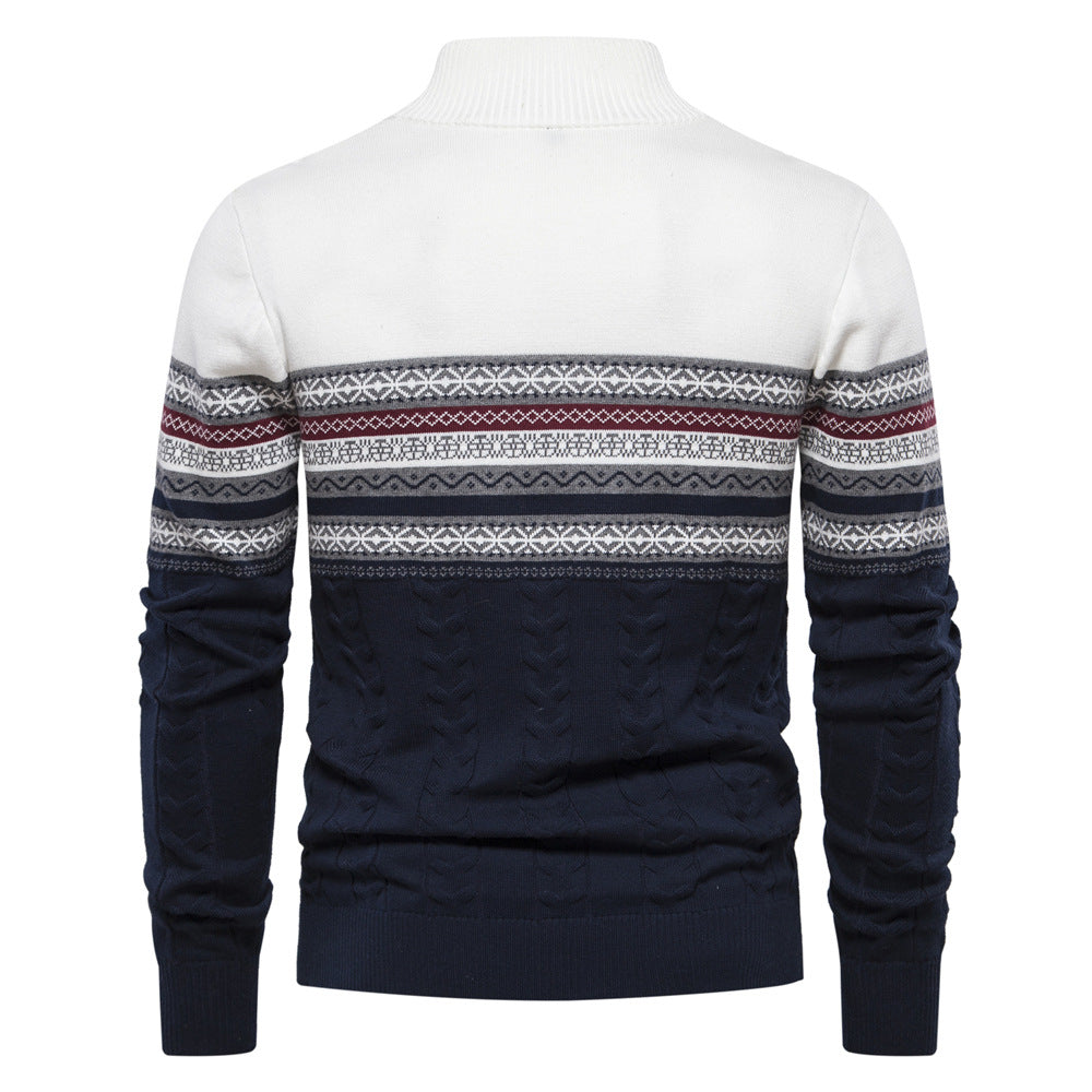 Detailed view of the half-zip collar on the men's Bergen sweater, a stylish feature.