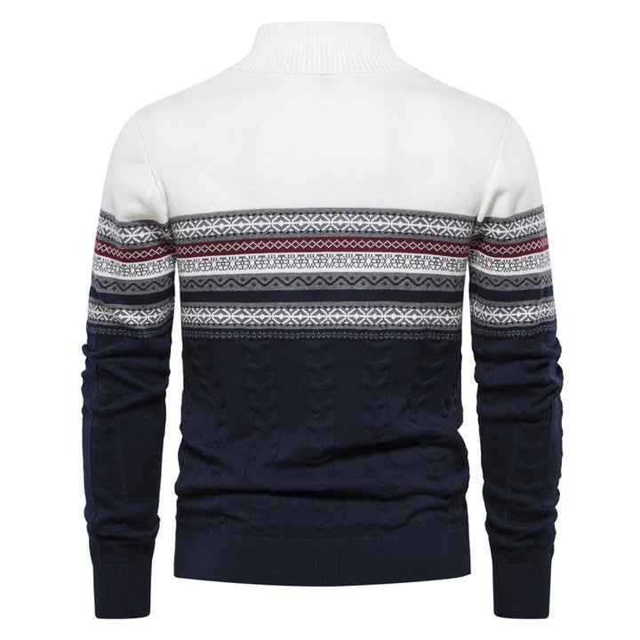 Detailed view of the half-zip collar on the men's Bergen sweater, a stylish feature.