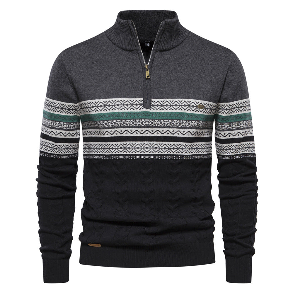 Comfortable men's clothing: Bergen half-zip sweater in a traditional Nordic knit pattern.