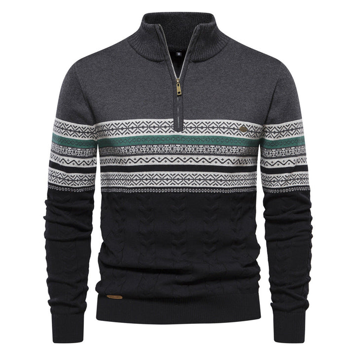 Comfortable men's clothing: Bergen half-zip sweater in a traditional Nordic knit pattern.