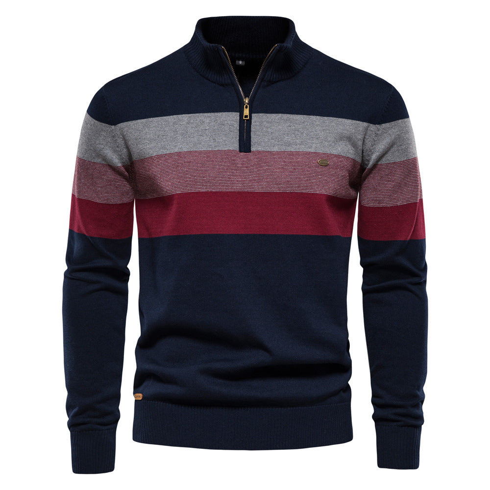 Navy blue colorblock half-zip sweater for men, a stylish pullover with a stand collar.