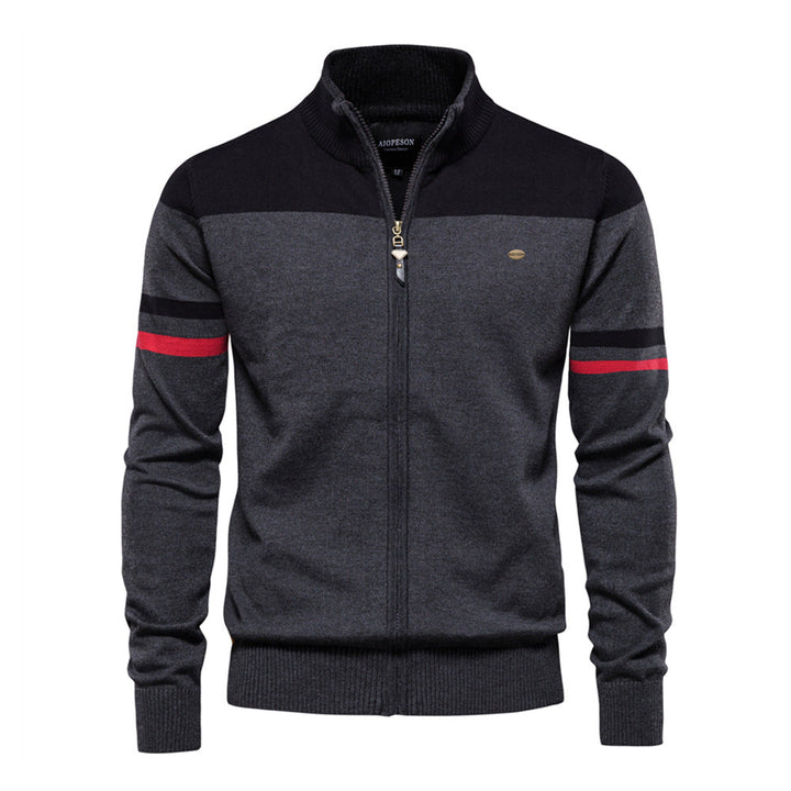 Men's casual zip-up sweater in a contemporary colorblock pattern.