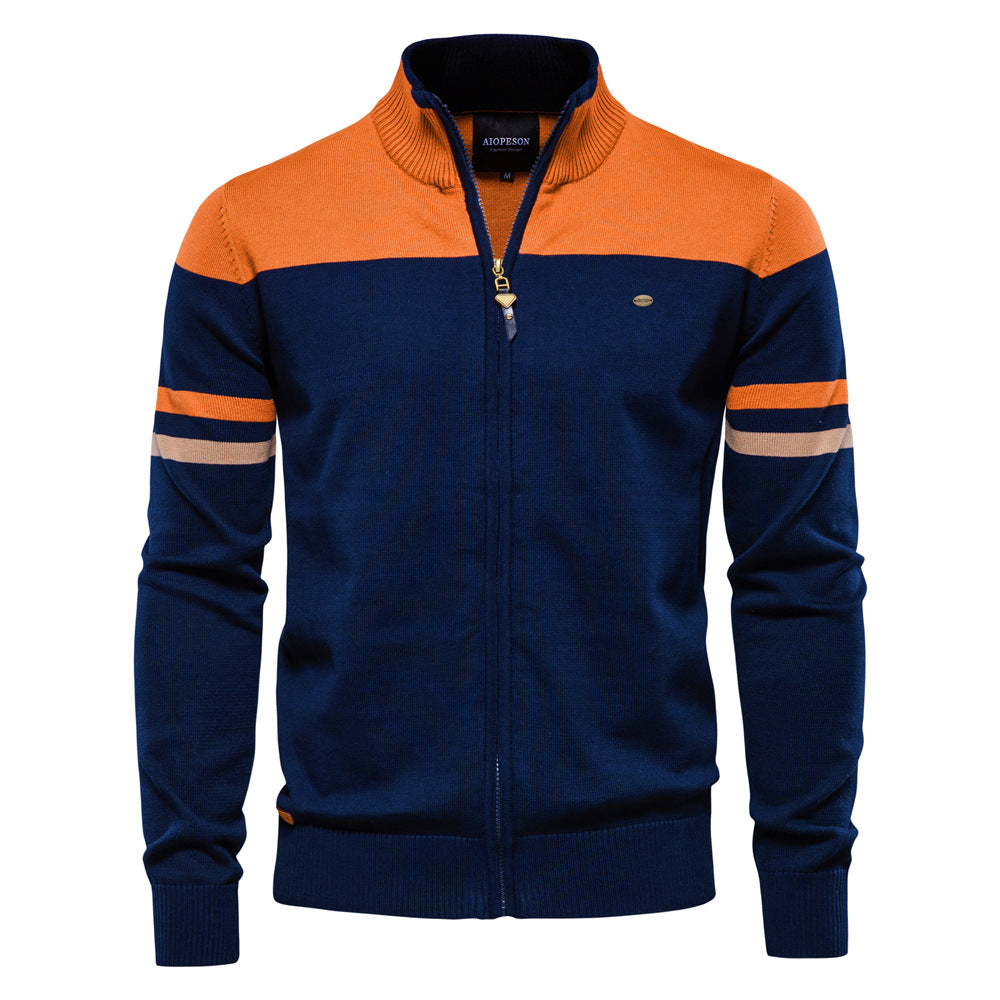 Close-up of the modern colorblock detail on a men's zip sweater.
