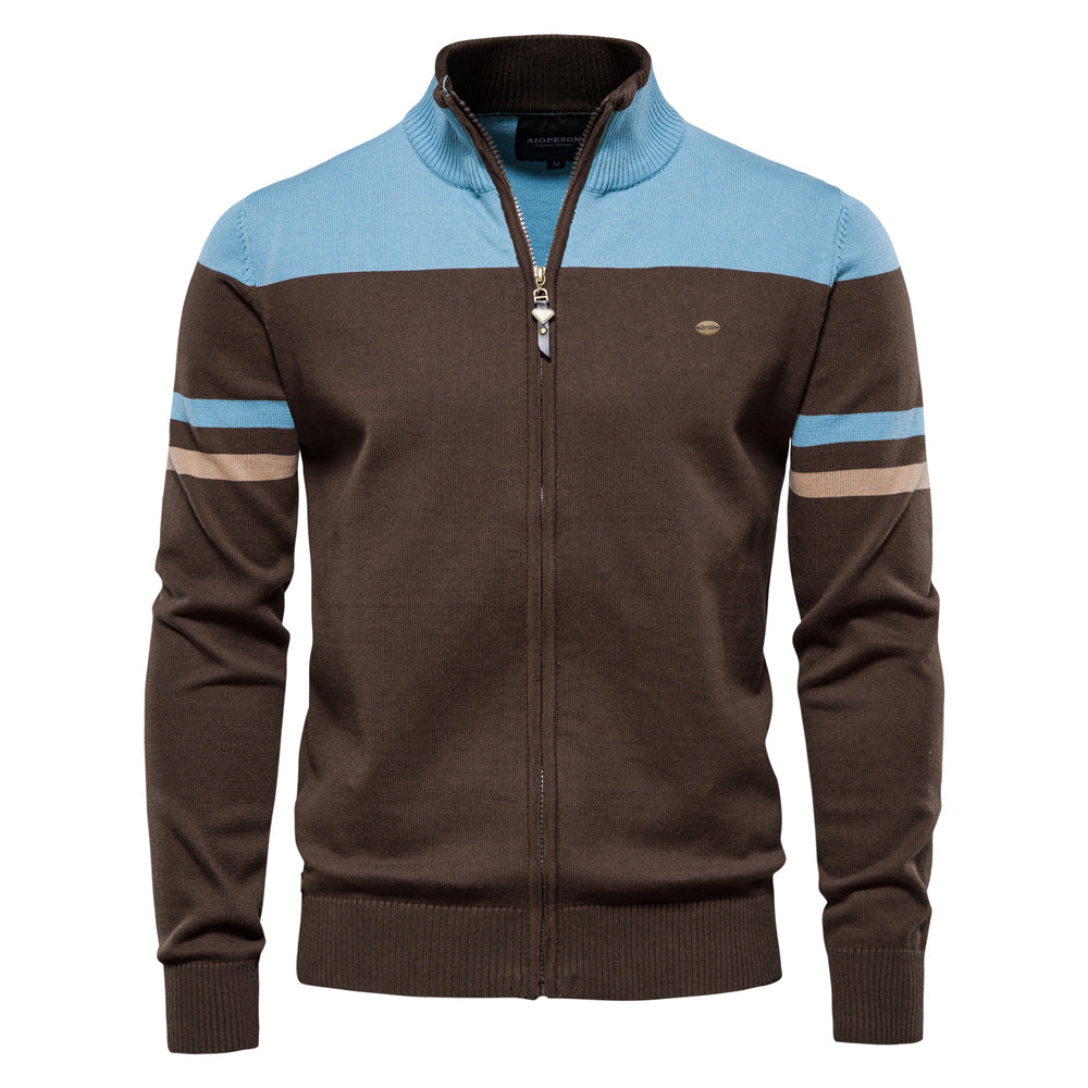 Stylish men's full-zip sweater, featuring a modern colorblock design.
