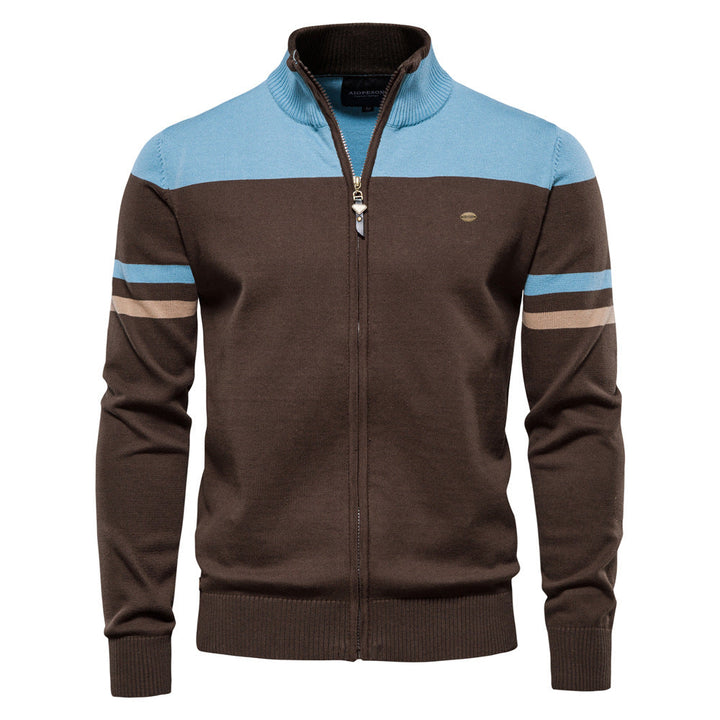 Stylish men's full-zip sweater, featuring a modern colorblock design.