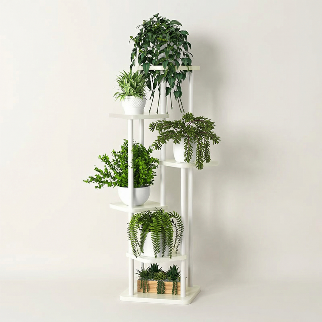 Multi-tier oak plant stand, ideal for displaying multiple plants and home decor items in an indoor garden.