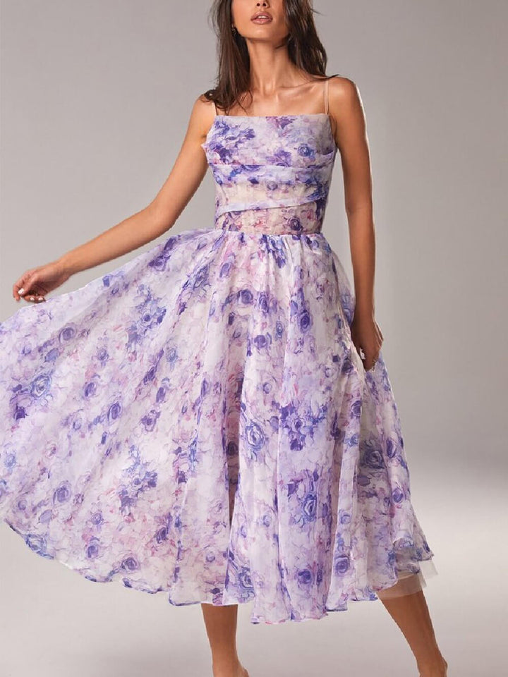 Casual pink boho midi dress for women, flowy A-line summer vacation wear with thin spaghetti straps.