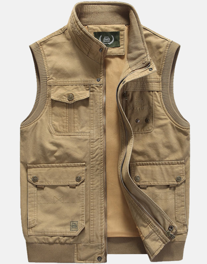 Men's multi-pocket outdoor vest for photography, fishing & travel. Functional utility gear for hiking & adventure.