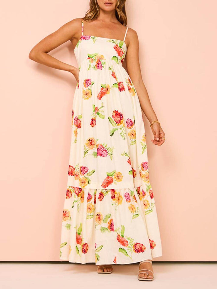 Long women's beige casual maxi sundress with open back for a chic summer, beach, or vacation look.