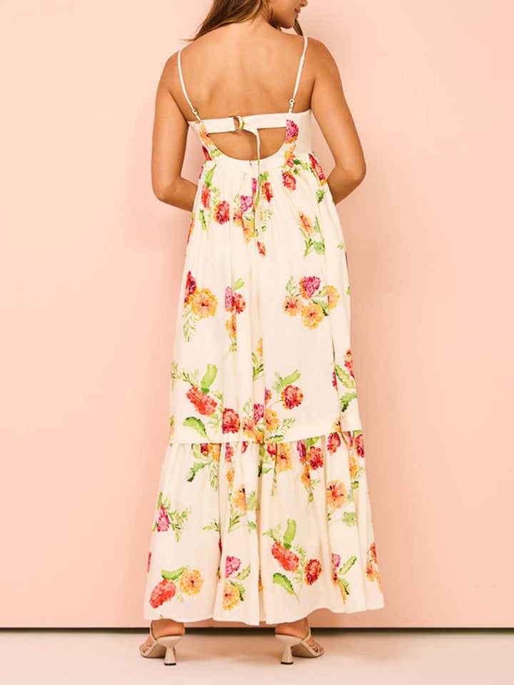 Women's casual beige open back maxi sundress, perfect for comfortable summer vacation & beach outfits.