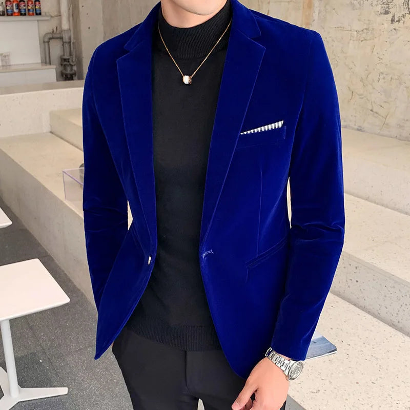 Midnight blue men's tailored blazer, a sophisticated dinner jacket for formal events & wedding guest attire.