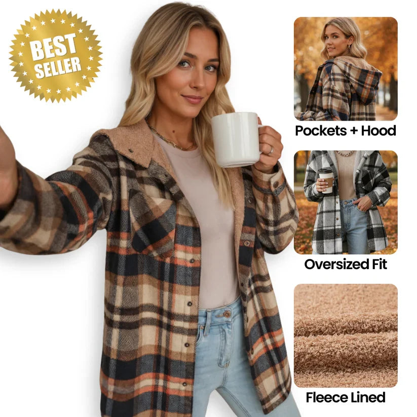Women's cozy teddy bear plaid hooded shacket, perfect for fall layering and casual style.