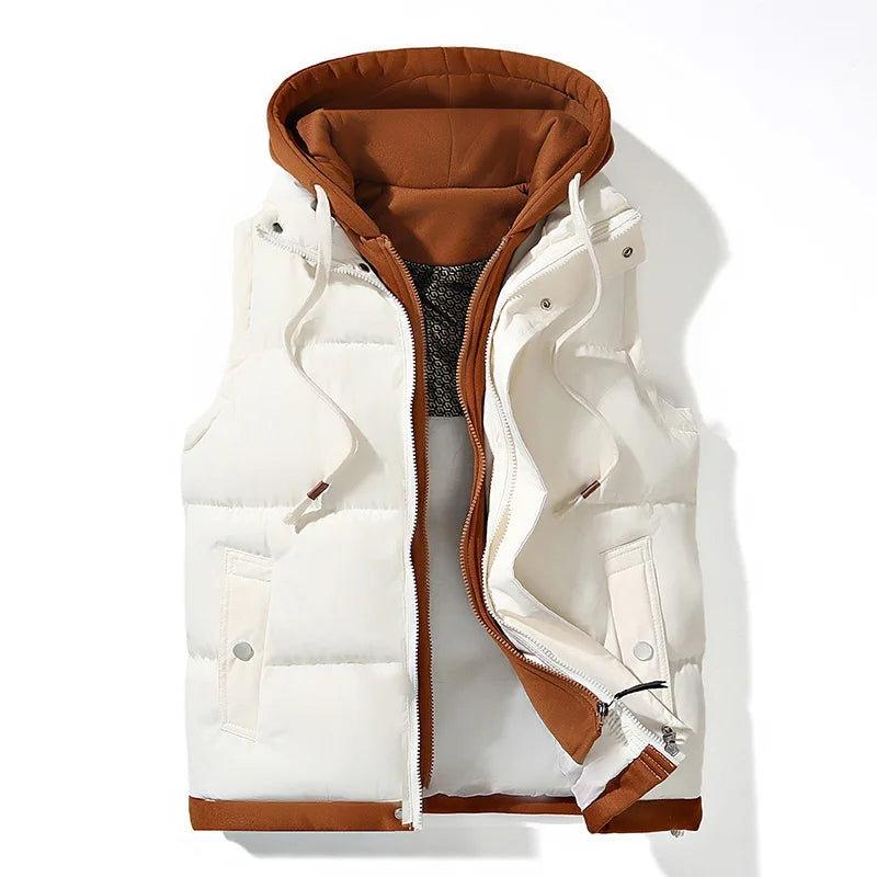 Versatile men's hooded puffer gilet, a functional zip vest for fall fashion, offering comfort & warmth.
