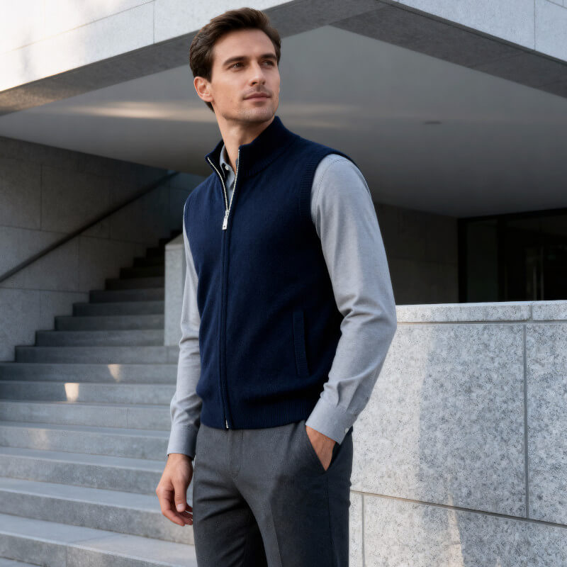 Comfortable men's sleeveless jacket, a versatile full-zip vest for daily wear.