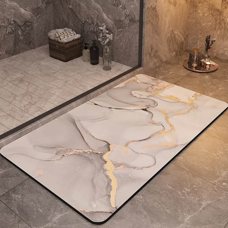Luxury marble bath mat with quick-dry, non-slip, and super absorbent features for a modern spa-style bathroom.